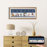 Póster Collage de fotos FAMILIAR 6 Personalizado azul de<br><div class="desc">Impresión poster personalizada con la palabra FAMILIA escrita encima de tus fotos. La plantilla de fotos está configurada para que añadas 6 de tus imágenes favoritas, que se muestran en formato cuadrado en un sencillo collage de fotos de estilo tira. Esta elegante y elegante pieza personalizado tiene una paleta de...</div>