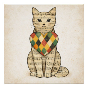 Póster Collage de gato musical con corazón de arlequín