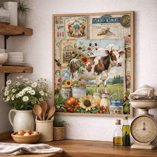 Póster Collage de granja rústica vintage Vaca