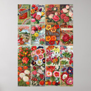 Póster Collage de jardin de plaquetas de flores de época