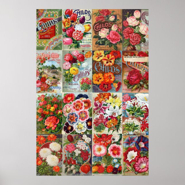 Póster Collage de jardin de plaquetas de flores de época (Frente)
