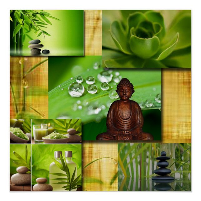 Póster Collage de la serenidad verde de Zen y Buda (Anverso)