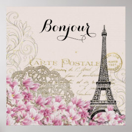 Póster Collage de la Torre Eiffel Bonjour Vintage