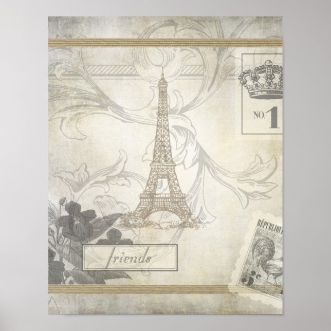 Póster Collage de la torre Shabby Chic Eiffel (Frente)