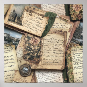 Póster Collage de letras antiguas románticas con Rosas