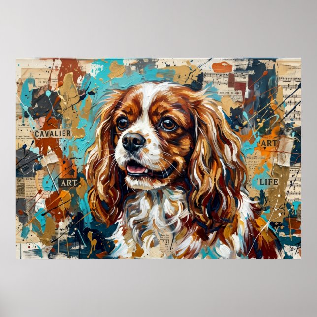 Póster Collage de medios mixtos del Cavalier King Charles (Frente)