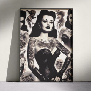 Póster Collage de mujer gótica tatuada vintage