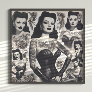 Póster Collage de mujer gótica tatuada vintage