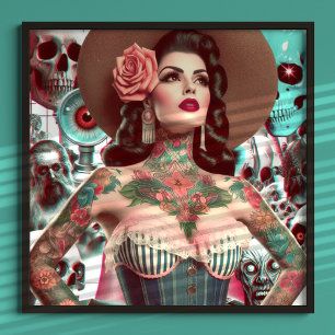 Póster Collage de mujeres tatuadas de la vieja escuela