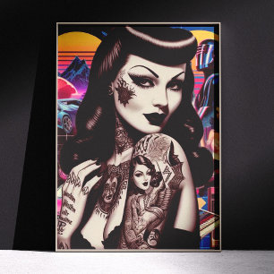 Póster Collage de pin-up tatuada retrofuturista