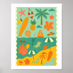Póster Collage de playa tropical retro Surf Vacaciones de