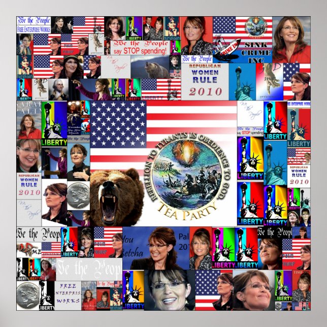 Póster Collage de Sarah Palin, fiesta de TEA Grizzly Bear (Frente)