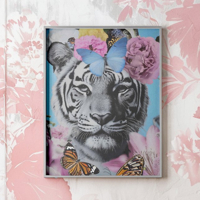 Póster Collage de tigres y mariposas pop retro (Retro-inspired collage featuring a striking tiger adorned with soft florals and butterflies. )