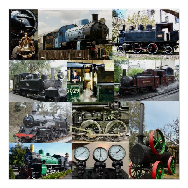 Póster Collage de tren locomotor antiguo con motor de vap (Anverso)