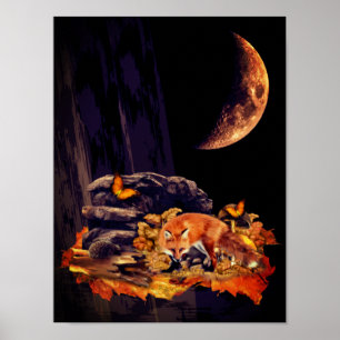 Póster Collage de vida silvestre con zorro, erizo y luna