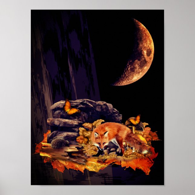 Póster Collage de vida silvestre con zorro, erizo y luna  (Frente)