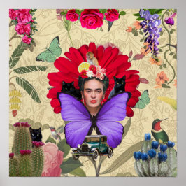 Póster Collage floral de color del mono Frida Kahlo