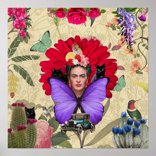 Póster Collage floral de color del mono Frida Kahlo (Frente)