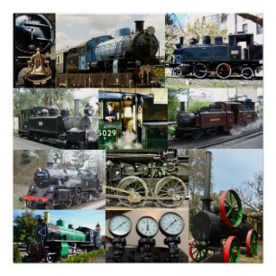 Póster Collage locomotor antiguo del tren del motor de