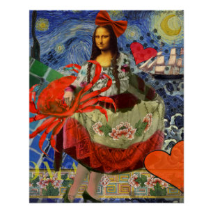 Póster Collage Noche Estrellada de Mona Lisa: Surrealista