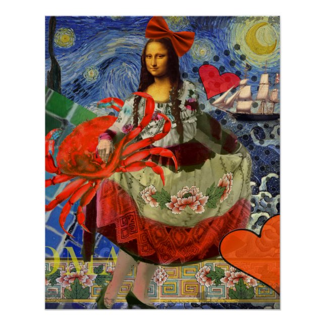 Póster Collage Noche Estrellada de Mona Lisa: Surrealista (Anverso)