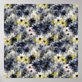 Póster Collage, patrón de flores pintadas, acuarela