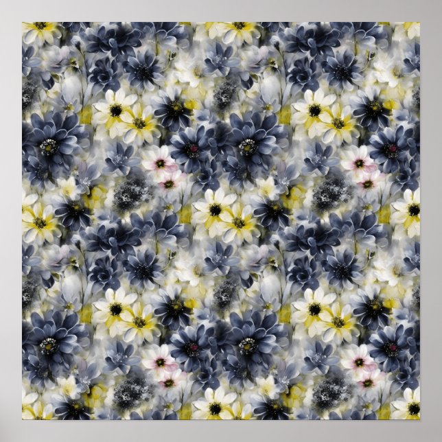 Póster Collage, patrón de flores pintadas, acuarela (Frente)