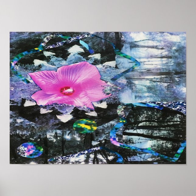 Póster Collage rosa hibiscus negro y blanco (Frente)