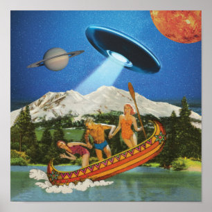 Póster Collage Surrealista de Viaje en Canoa OVNI Montaña