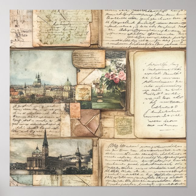 Póster Collage vintage de postales con letras europeas (Frente)
