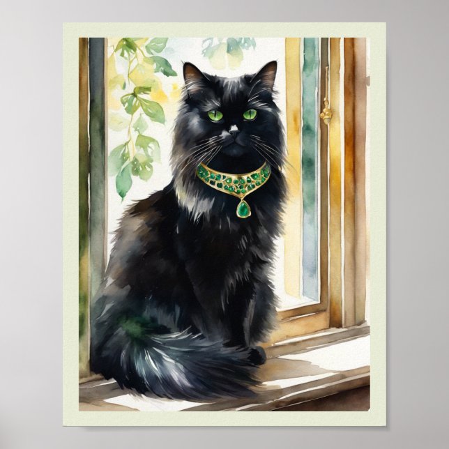 Póster Collar dorado de esmeralda de gato persa negro (Frente)