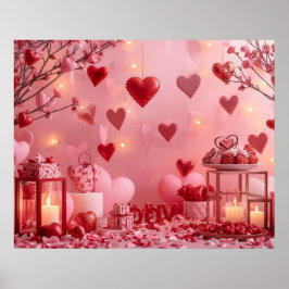 Póster Collection of Pink and Red Hearts on a Modern Wall