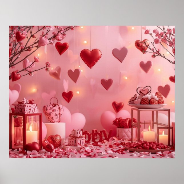 Póster Collection of Pink and Red Hearts on a Modern Wall (Frente)