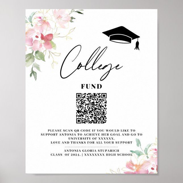 Póster College fund floral graduation printable sign (Frente)