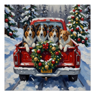 Póster Collie Áspero Navidad Camión Rojo Fiesta