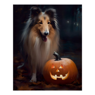 Póster Collie en masa de Halloween con calabazas aterrado