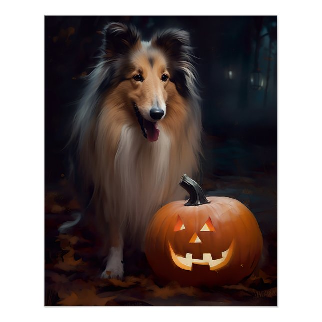 Póster Collie en masa de Halloween con calabazas aterrado (Anverso)