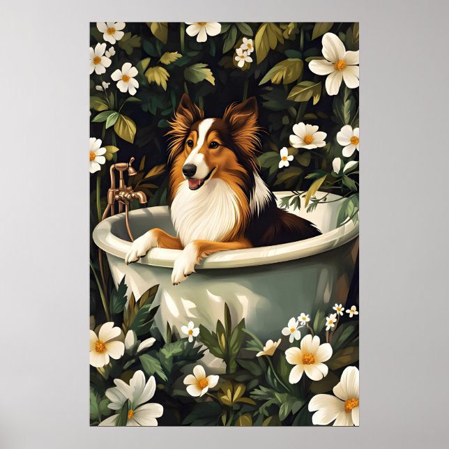 Póster Collie In Bathtub Poster, Funny Dog Poster, Collie (Frente)