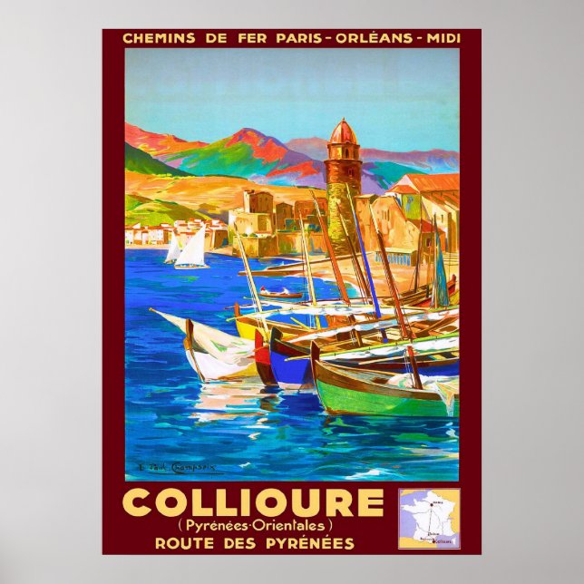 Póster Collioure, Pirineos, Francia, barcos en puerto,vin (Frente)