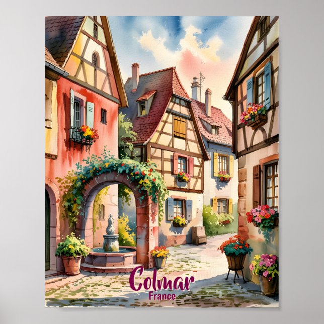 Póster Colmar France Alsace Watercolor Travel Custom Text (Frente)