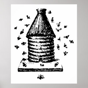 Póster Colmena del vintage retro abejas negras y blancas