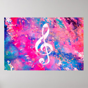 Póster Color azul rosa Pintura Nota de música Treble Clef