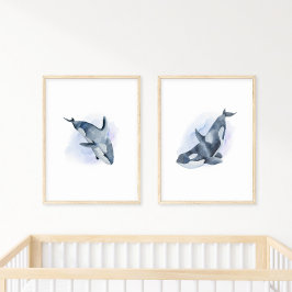 Póster Color de agua azul blanco orca asesina ballena