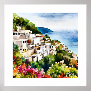 PÓSTER COLOR DE AGUA DE LA ARQUITECTURA DE LA VIEJA ALDEA