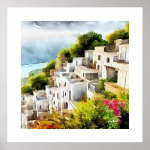 PÓSTER COLOR DE AGUA DE LA ARQUITECTURA DE LA VIEJA ALDEA