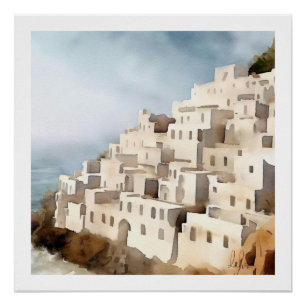 PÓSTER COLOR DE AGUA DE LA ARQUITECTURA DE LA VIEJA ALDEA