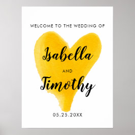 Póster color de agua del corazón amarillo bienvenida boda