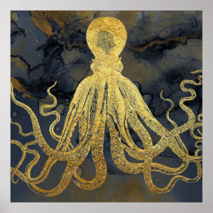 Póster Color de agua del pulpo negro azul de oro vintage 