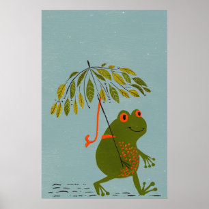 Póster Color de agua rana verde moderna y paraguas de hoj
