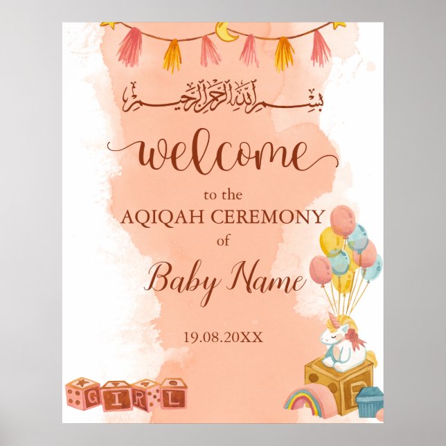 Póster Color de agua rosa Aqiqah Aqeeqah Poster Rótulo (Frente)